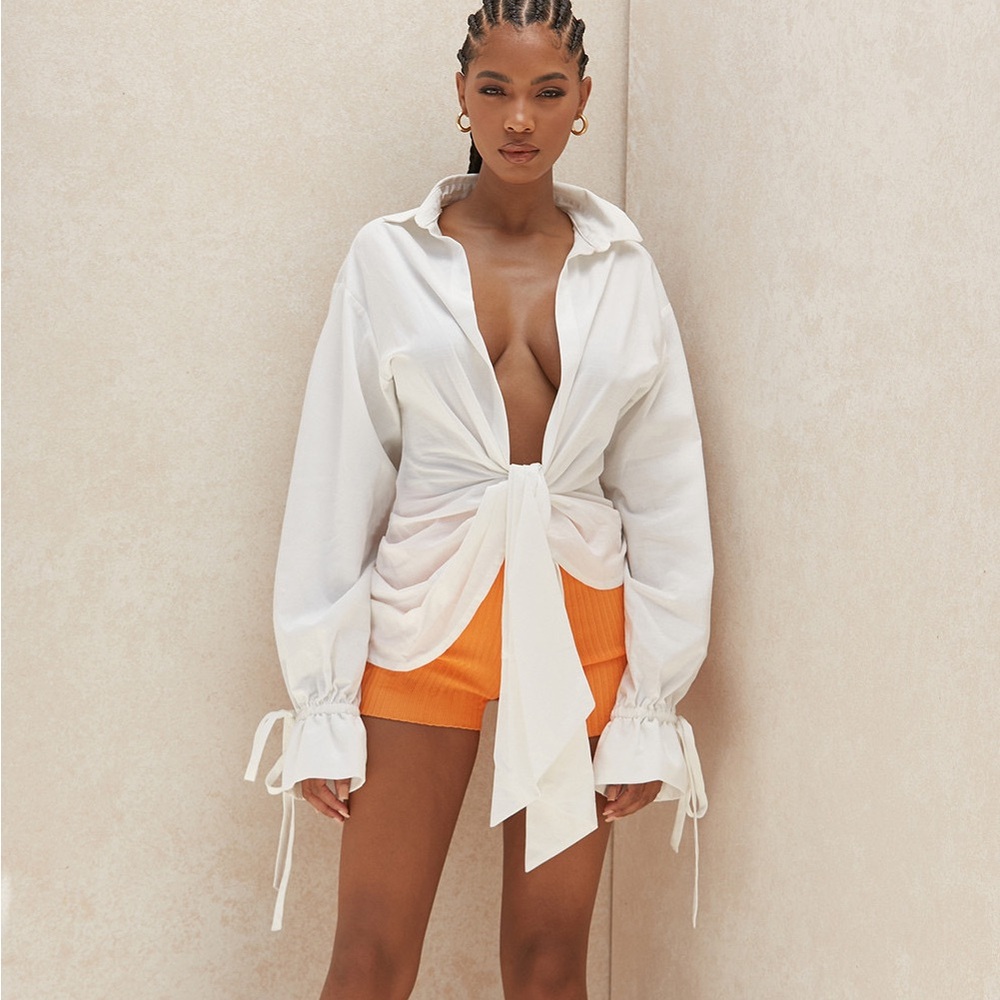 House of CB- Paige White Draped Front Tie Cotton Shirt